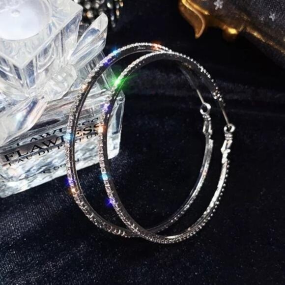 NEW STERLING SILVER DIAMOND ROUND HOOP EARRINGS - Picture 2 of 4